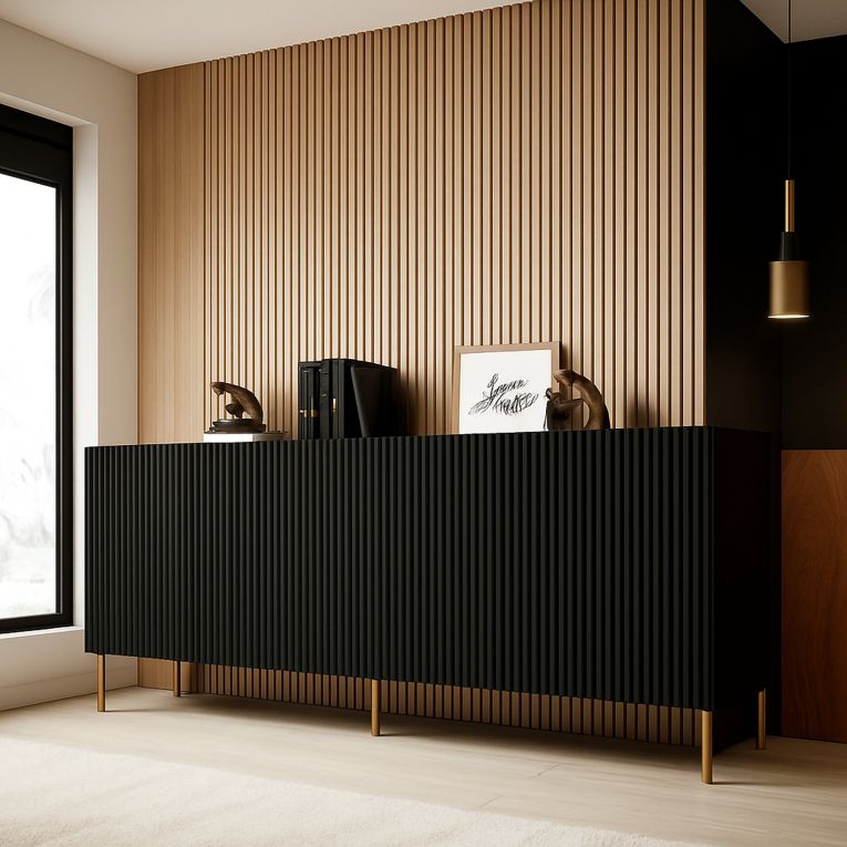 Credenza Nero 4 Ripiani 4 Ante 200x42x82h cm, 8 Vani - Londa