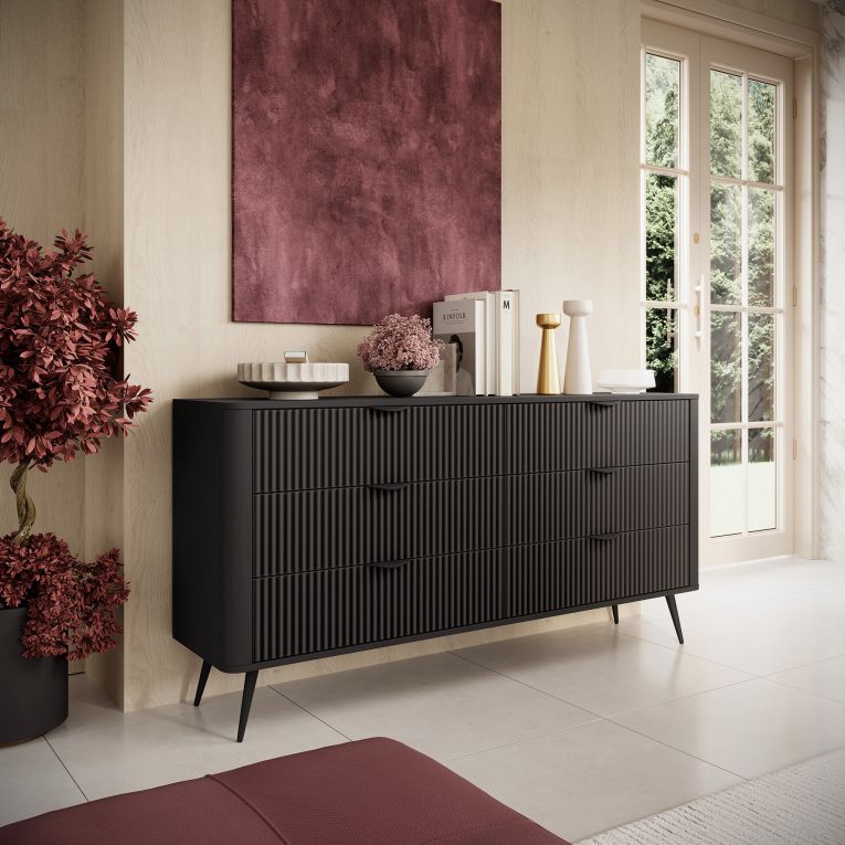 Credenza Nero 6 Cassetti un Ripiano 163x38x81h cm, Apertura Scorrevole - Hali