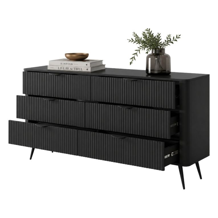 Credenza Nero 6 Cassetti un Ripiano 163x38x81h cm, Apertura Scorrevole - Hali