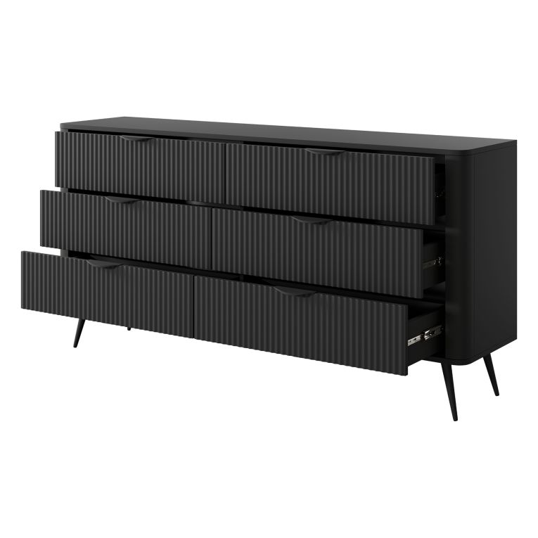 Credenza Nero 6 Cassetti un Ripiano 163x38x81h cm, Apertura Scorrevole - Hali