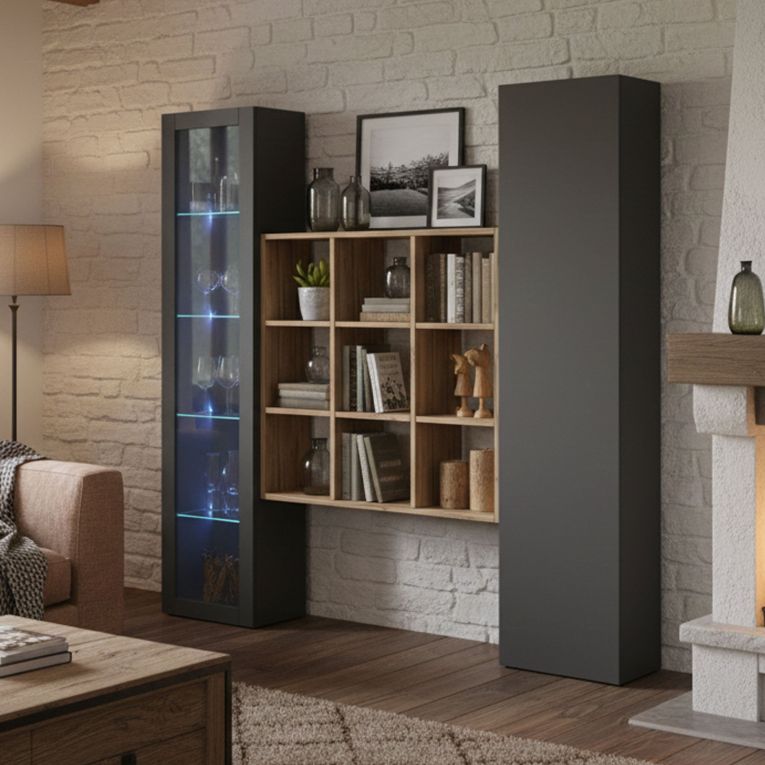 Credenza Nero Antracite 14 Ripiani 2 Ante 40x30x180h cm, 19 Vani - Colonno