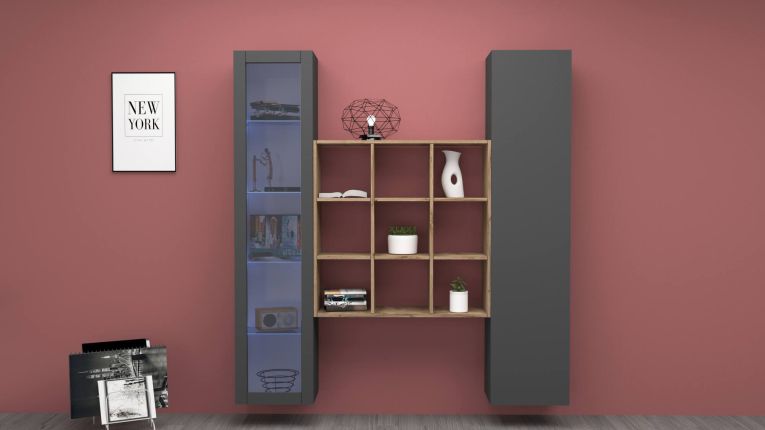 Credenza Nero Antracite 14 Ripiani 2 Ante 40x30x180h cm, 19 Vani - Colonno