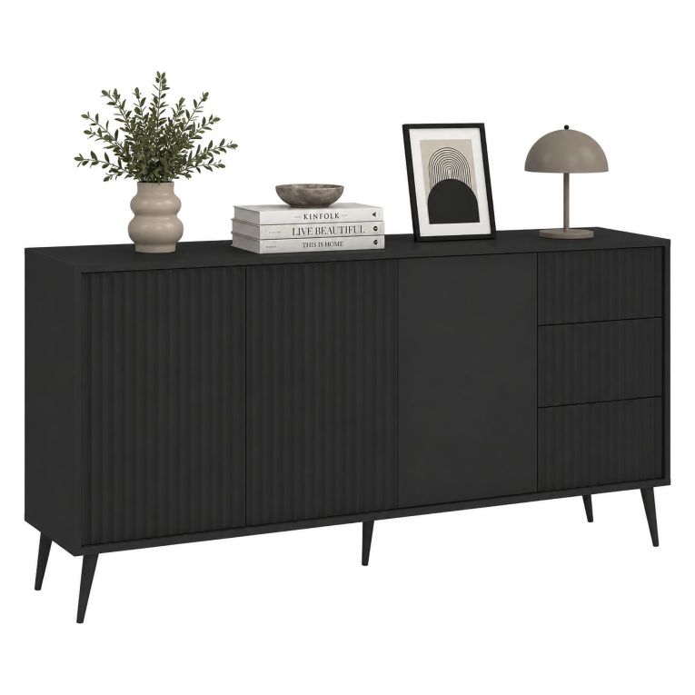 Credenza Nero Antracite 2 Ripiani 3 Cassetti 179x40x98h cm, 3 Ante - Lenasi