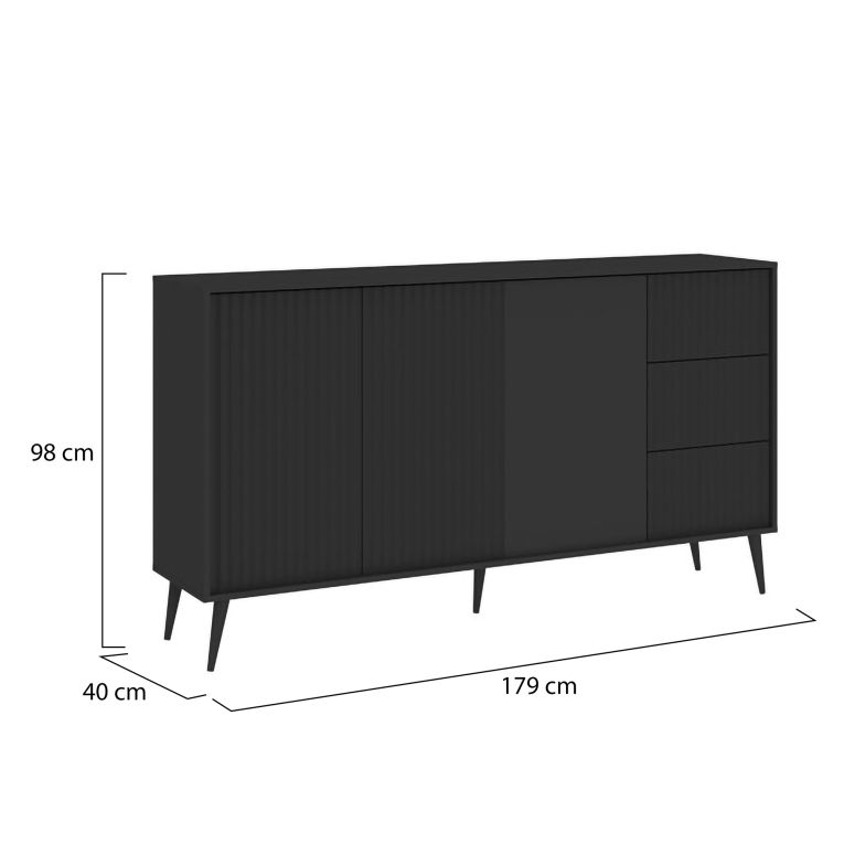 Credenza Nero Antracite 2 Ripiani 3 Cassetti 179x40x98h cm, 3 Ante - Lenasi