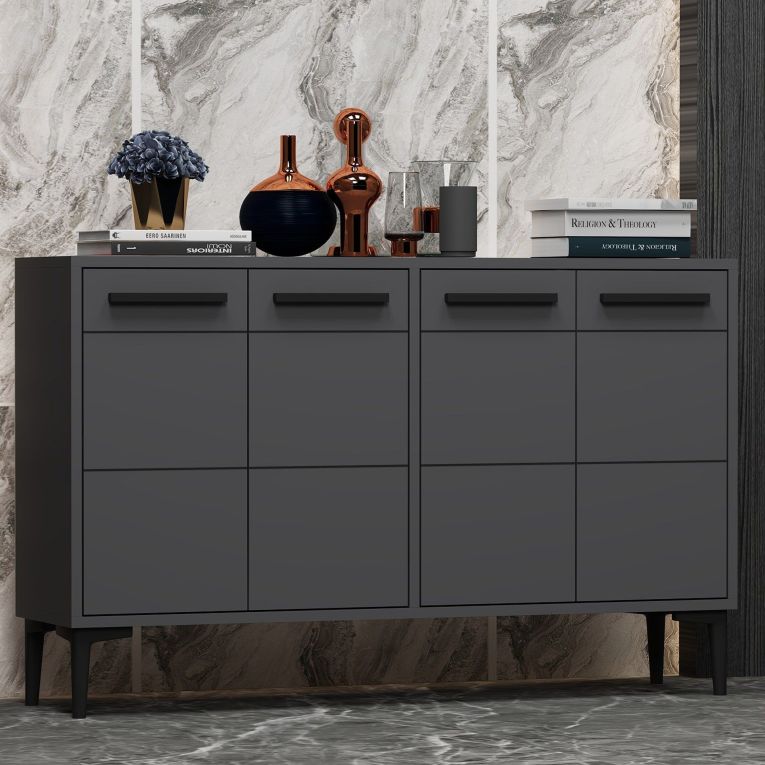 Credenza Nero Antracite 2 Ripiani 4 Ante 120x30x75h cm, 4 Vani - Perledo
