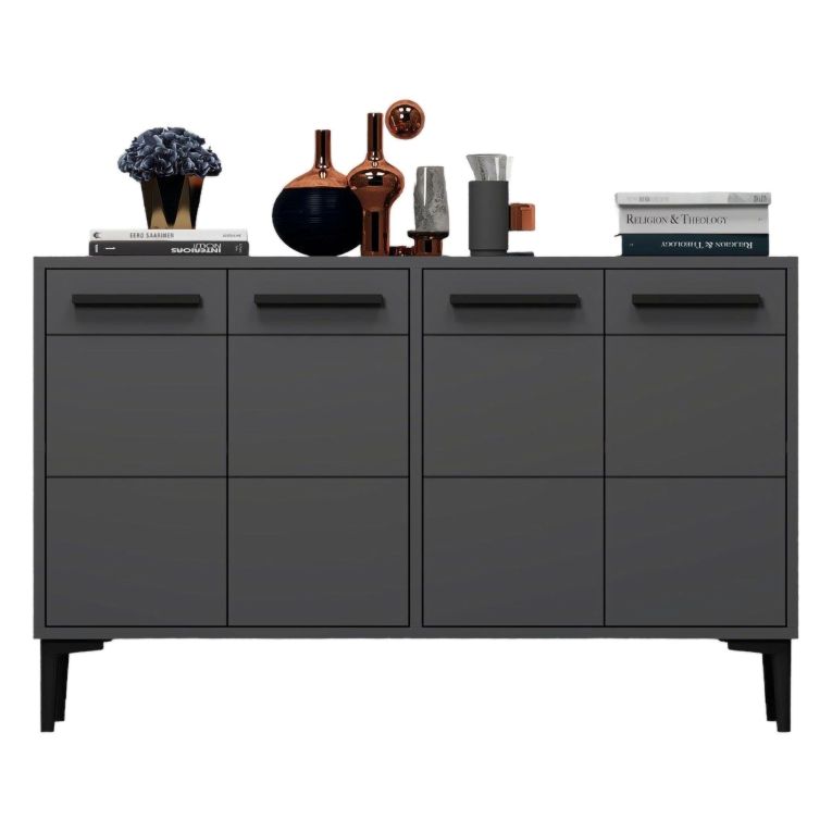 Credenza Nero Antracite 2 Ripiani 4 Ante 120x30x75h cm, 4 Vani - Perledo