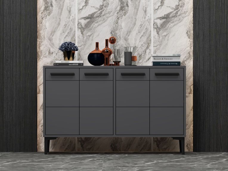 Credenza Nero Antracite 2 Ripiani 4 Ante 120x30x75h cm, 4 Vani - Perledo