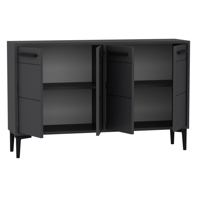 Credenza Nero Antracite 2 Ripiani 4 Ante 120x30x75h cm, 4 Vani - Perledo