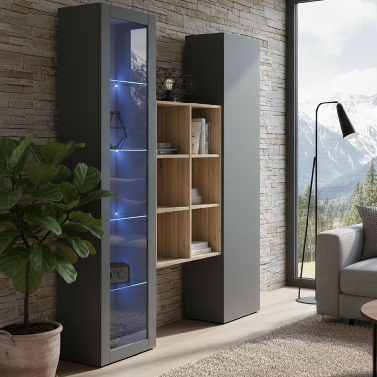 Credenza Nero Antracite 8 Ripiani 2 Ante 40x30x180h cm, 16 Vani - Rimella