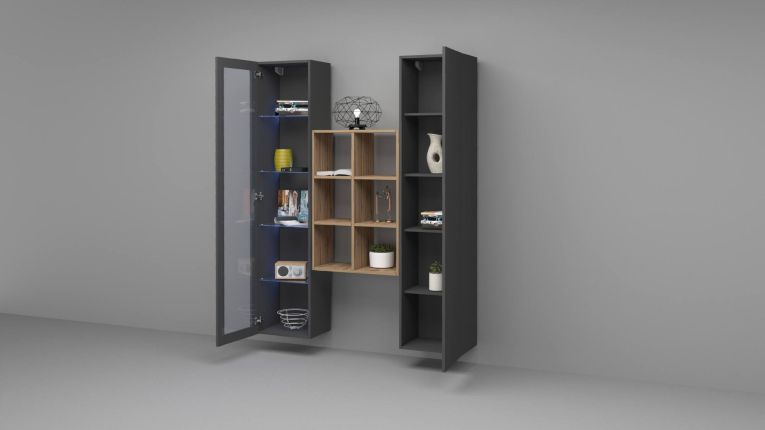 Credenza Nero Antracite 8 Ripiani 2 Ante 40x30x180h cm, 16 Vani - Rimella