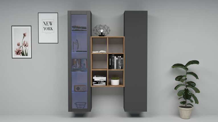 Credenza Nero Antracite 8 Ripiani 2 Ante 40x30x180h cm, 16 Vani - Rimella