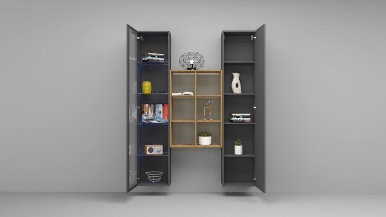 Credenza Nero Antracite 8 Ripiani 2 Ante 40x30x180h cm, 16 Vani - Rimella