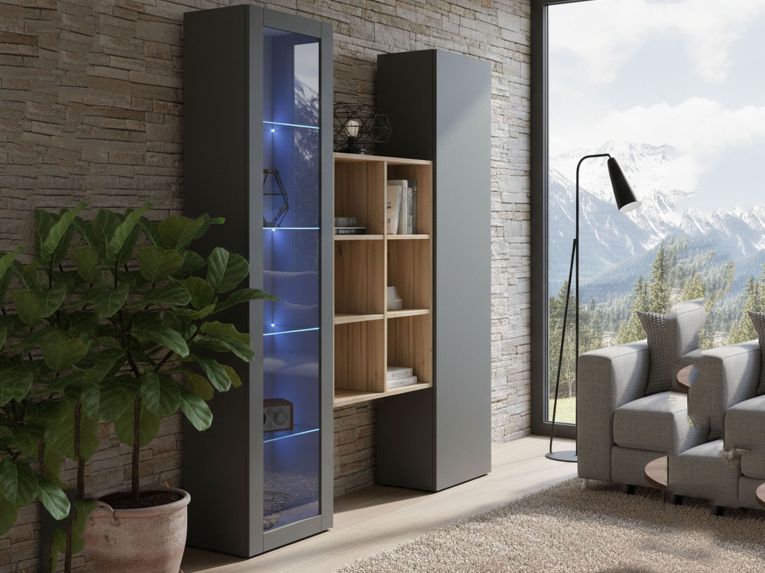 Credenza Nero Antracite 8 Ripiani 2 Ante 40x30x180h cm, 16 Vani - Rimella