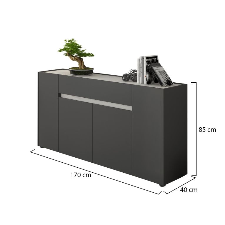 Credenza Nero Antracite Bianco un Cassetto 3 Ripiani 170x40x85h cm, Apertura Battente - Cirimido