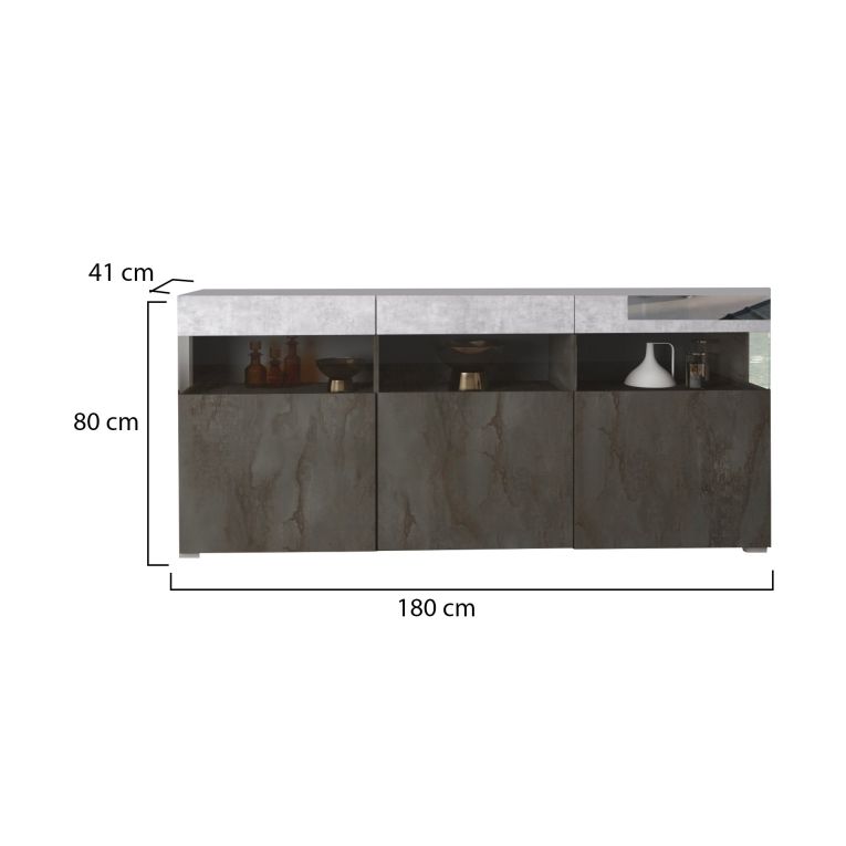 Credenza Nero Antracite Grigio Cemento 3 Ripiani 6 Vani 180x41x80h cm, 3 Ante - Fanna