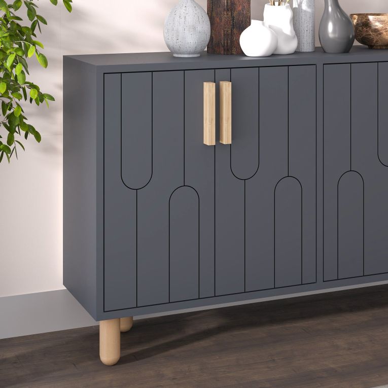 Credenza Nero Antracite Marrone Rovere 2 Ripiani 4 Ante 120x30x74h cm, 4 Vani - Venerina
