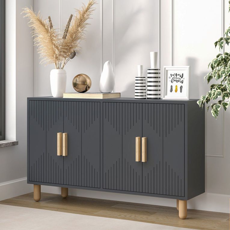 Credenza Nero Antracite Marrone Rovere 2 Ripiani 4 Vani 120x30x74h cm, 4 Ante - Colzano