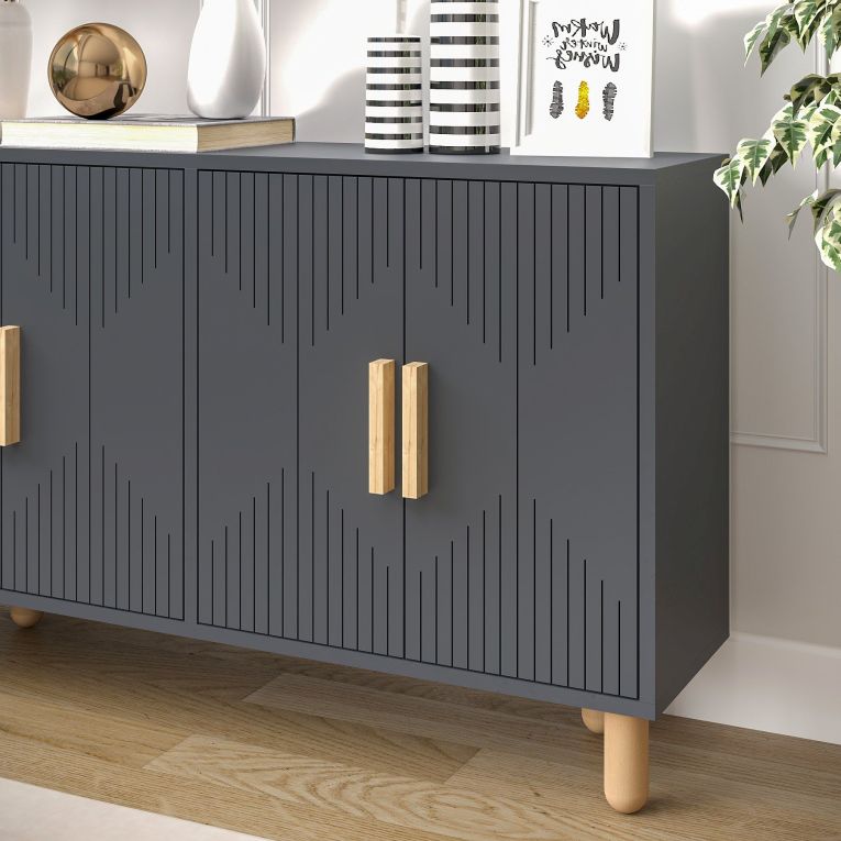 Credenza Nero Antracite Marrone Rovere 2 Ripiani 4 Vani 120x30x74h cm, 4 Ante - Colzano