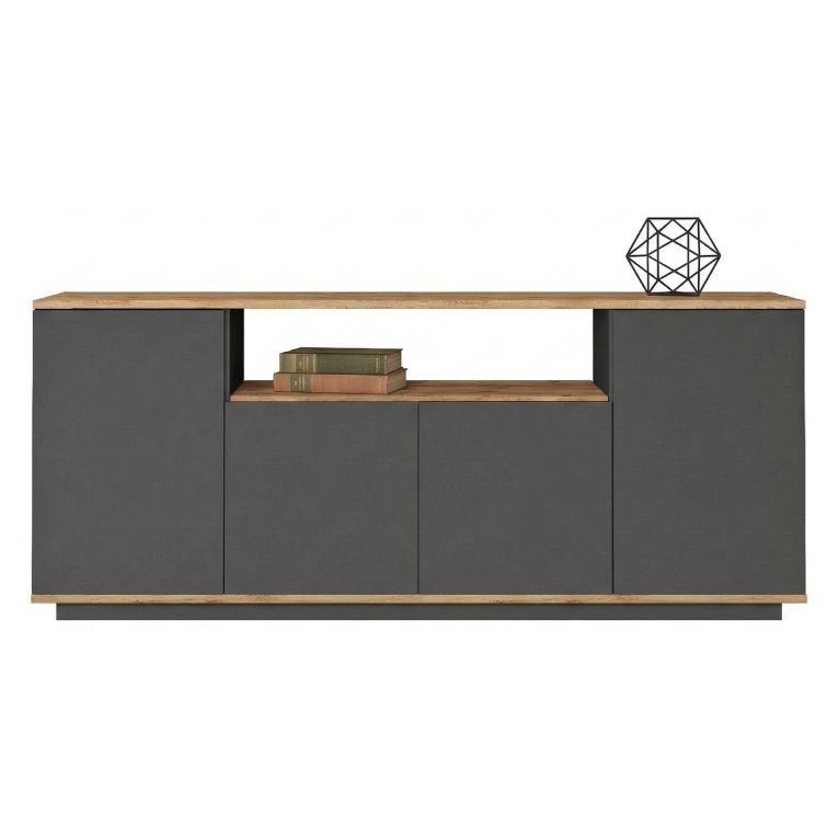 Credenza Nero Antracite Marrone Rovere 3 Ripiani 4 Ante 180x45x75h cm, 6 Vani - Cisliano