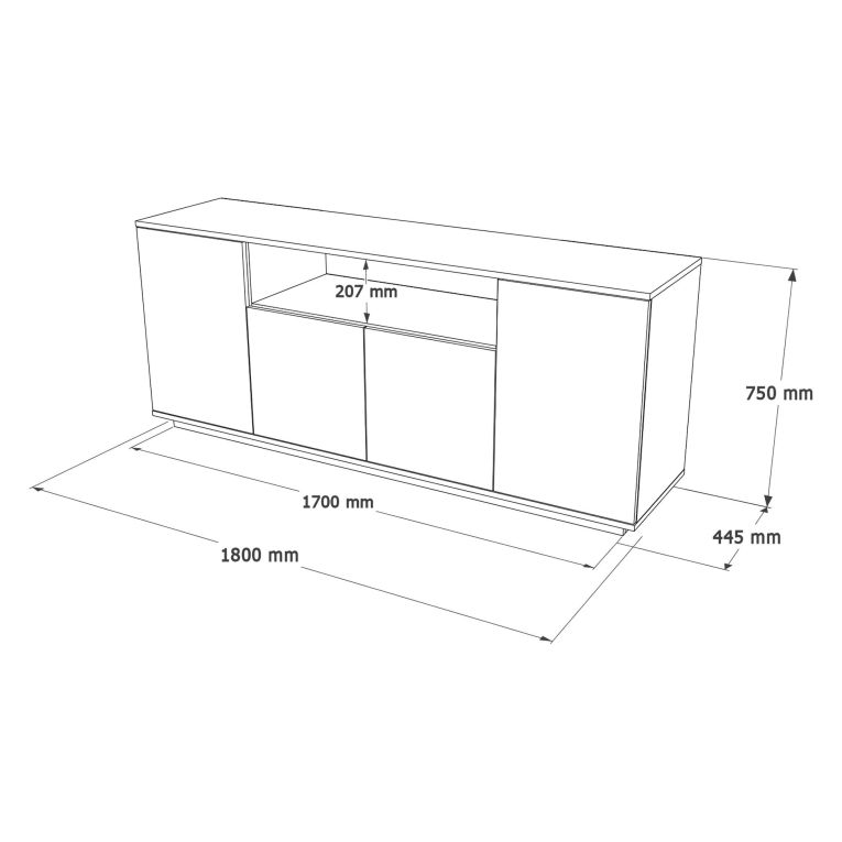 Credenza Nero Antracite Marrone Rovere 3 Ripiani 4 Ante 180x45x75h cm, 6 Vani - Cisliano