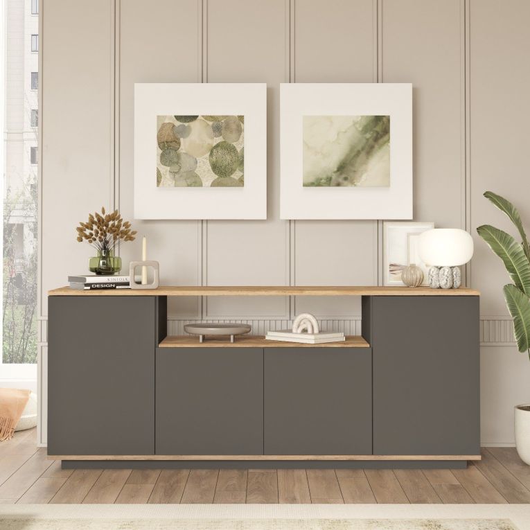 Credenza Nero Antracite Marrone Rovere 3 Ripiani 4 Ante 180x45x75h cm, 6 Vani - Cisliano