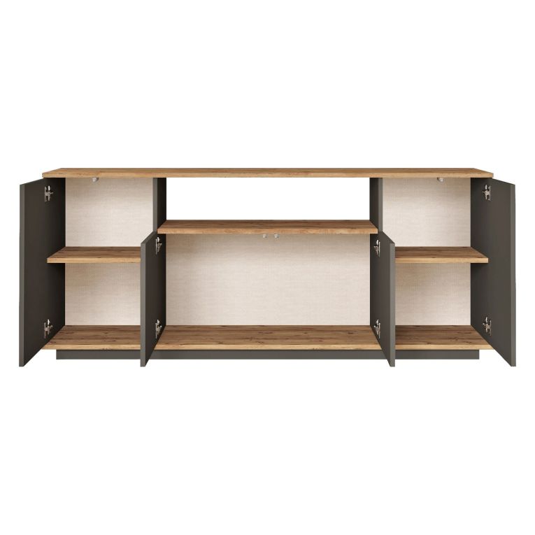 Credenza Nero Antracite Marrone Rovere 3 Ripiani 4 Ante 180x45x75h cm, 6 Vani - Cisliano