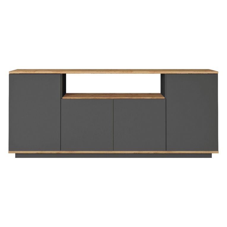 Credenza Nero Antracite Marrone Rovere 3 Ripiani 4 Ante 180x45x75h cm, 6 Vani - Cisliano