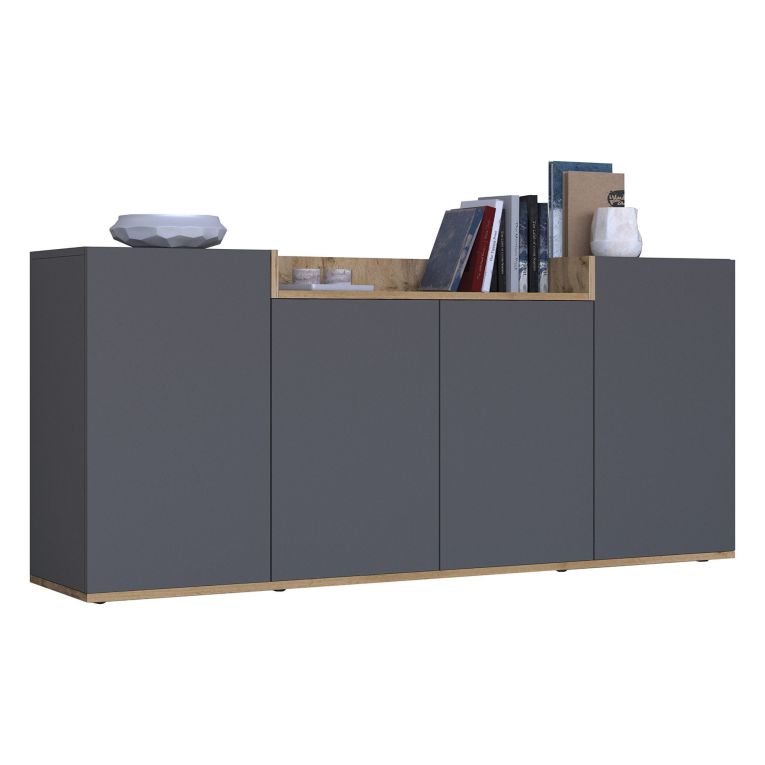 Credenza Nero Antracite Marrone Rovere 6 Ripiani Apertura Battente 160x35x70h cm, 4 Ante Made in Italy - Swink