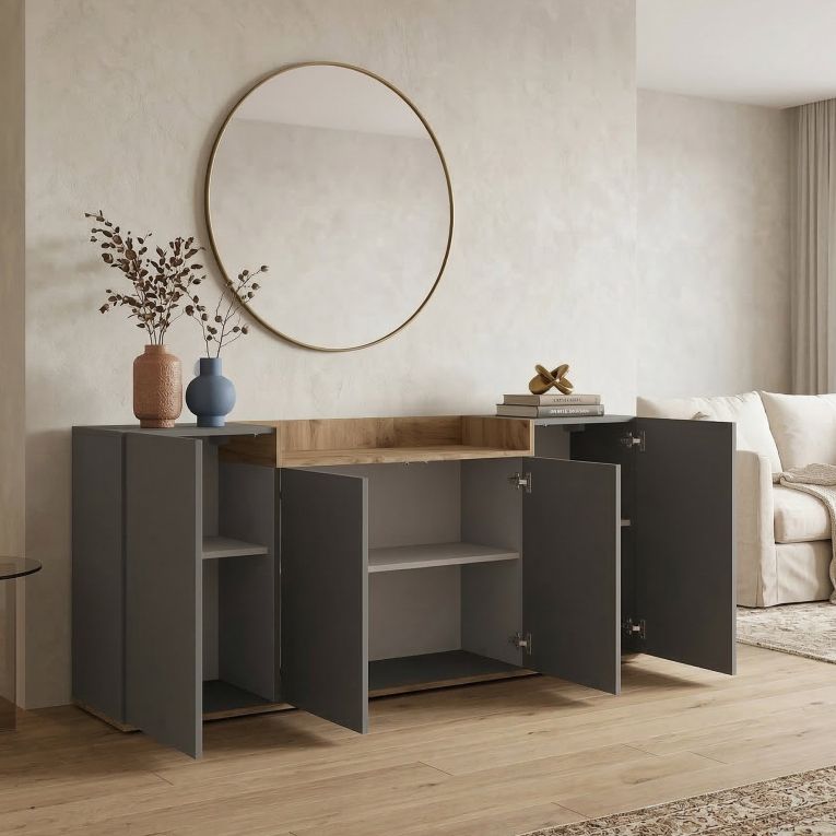 Credenza Nero Antracite Marrone Rovere 6 Ripiani Apertura Battente 160x35x70h cm, 4 Ante Made in Italy - Swink