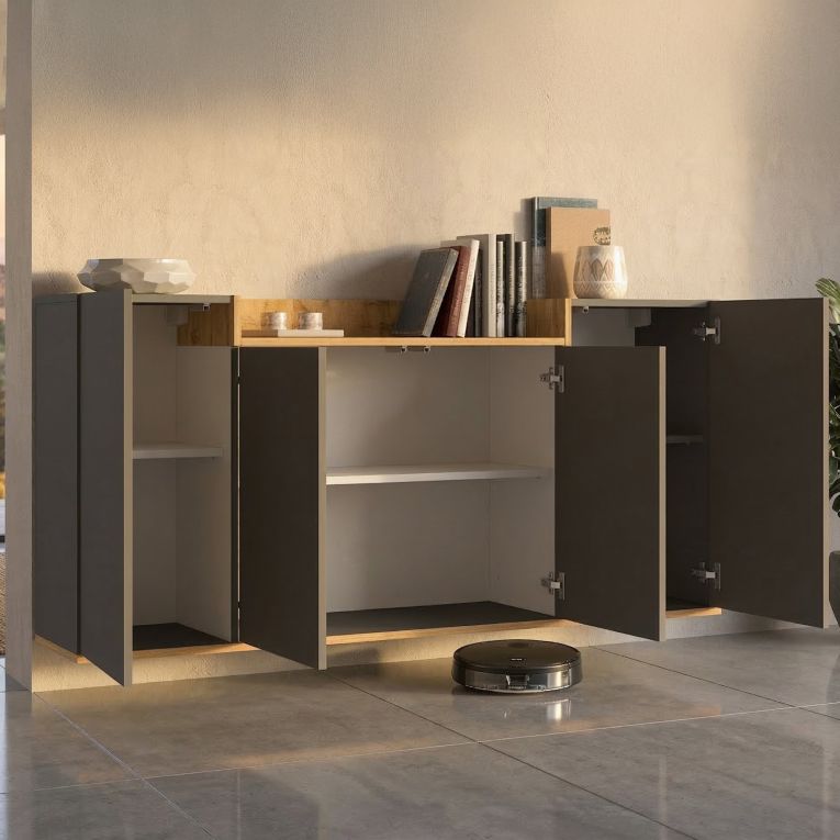 Credenza Nero Antracite Marrone Rovere 6 Ripiani Apertura Battente 160x35x70h cm, 4 Ante Made in Italy - Swink