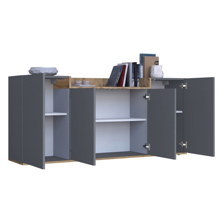 Credenza Nero Antracite Marrone Rovere 6 Ripiani Apertura Battente 160x35x70h cm, 4 Ante Made in Italy - Swink