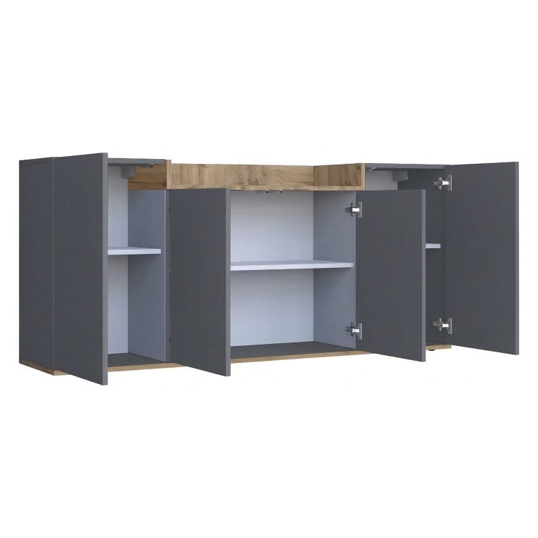 Credenza Nero Antracite Marrone Rovere 6 Ripiani Apertura Battente 160x35x70h cm, 4 Ante Made in Italy - Swink