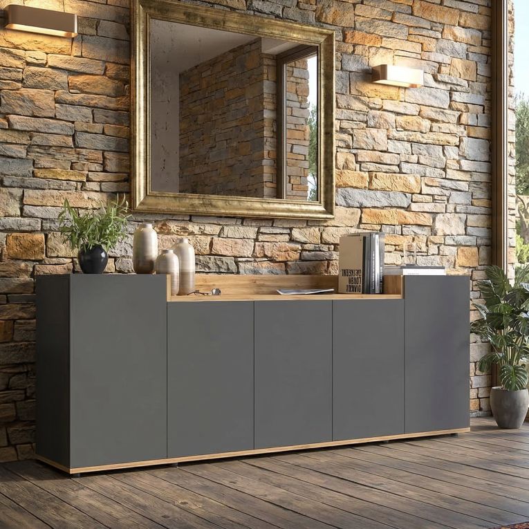 Credenza Nero Antracite Marrone Rovere 7 Ripiani Apertura Battente 200x35x70h cm, 5 Ante Made in Italy - Cordele