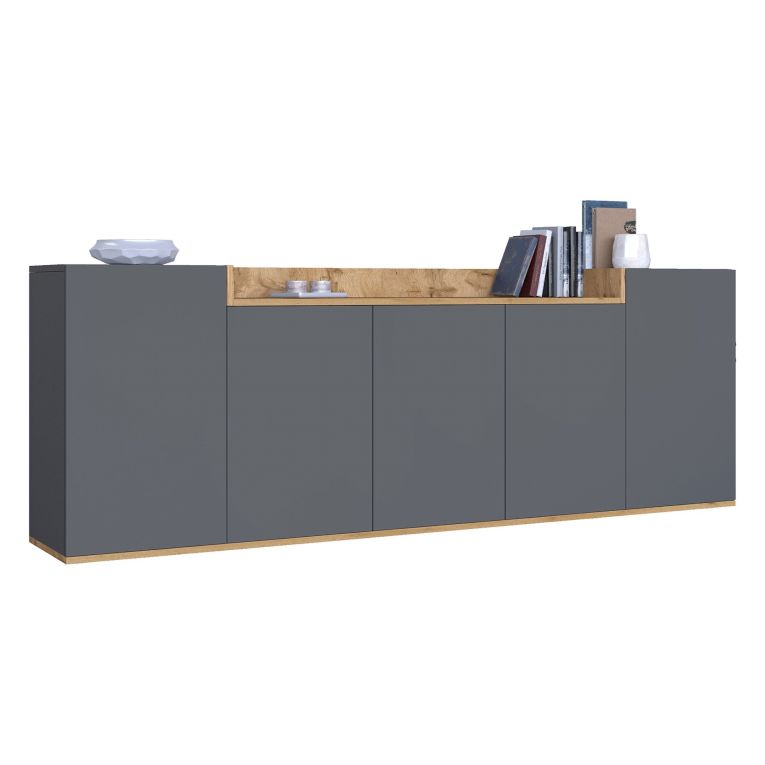 Credenza Nero Antracite Marrone Rovere 7 Ripiani Apertura Battente 200x35x70h cm, 5 Ante Made in Italy - Cordele