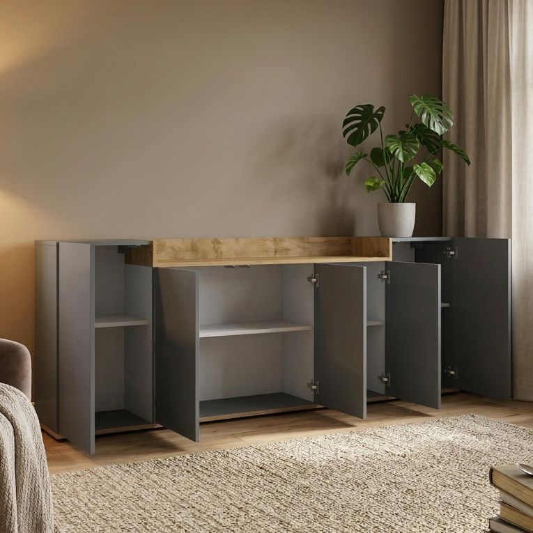 Credenza Nero Antracite Marrone Rovere 7 Ripiani Apertura Battente 200x35x70h cm, 5 Ante Made in Italy - Cordele