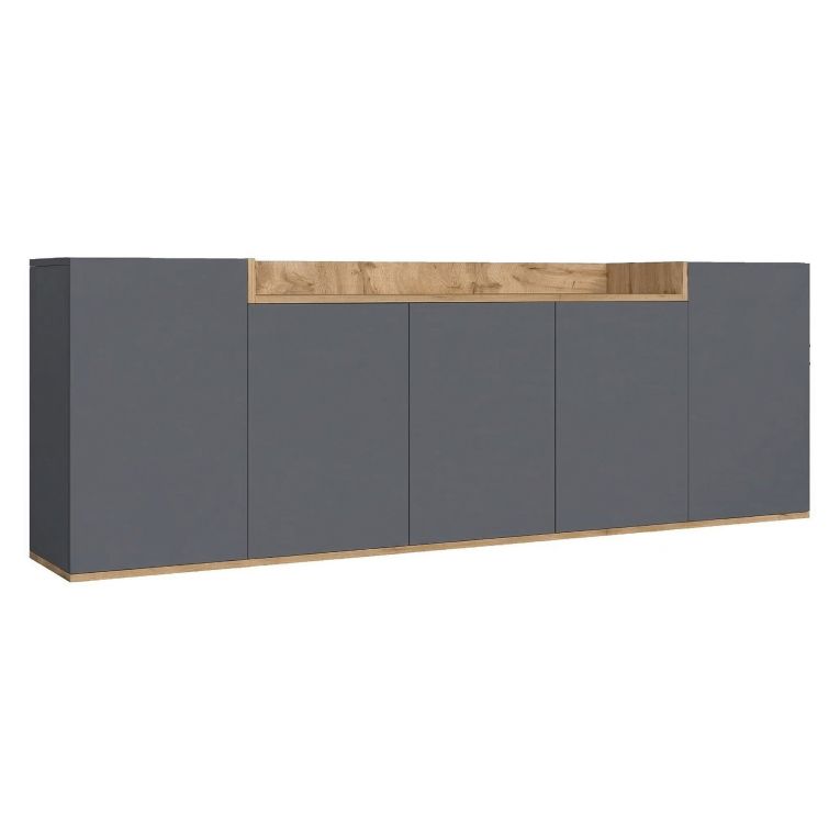 Credenza Nero Antracite Marrone Rovere 7 Ripiani Apertura Battente 200x35x70h cm, 5 Ante Made in Italy - Cordele