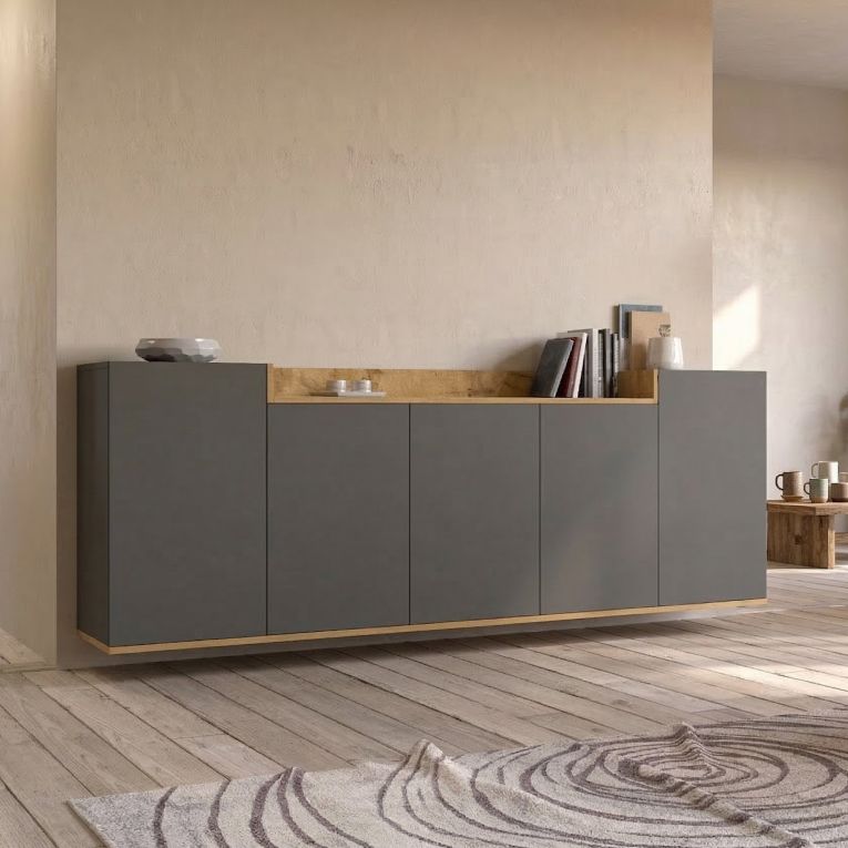 Credenza Nero Antracite Marrone Rovere 7 Ripiani Apertura Battente 200x35x70h cm, 5 Ante Made in Italy - Cordele