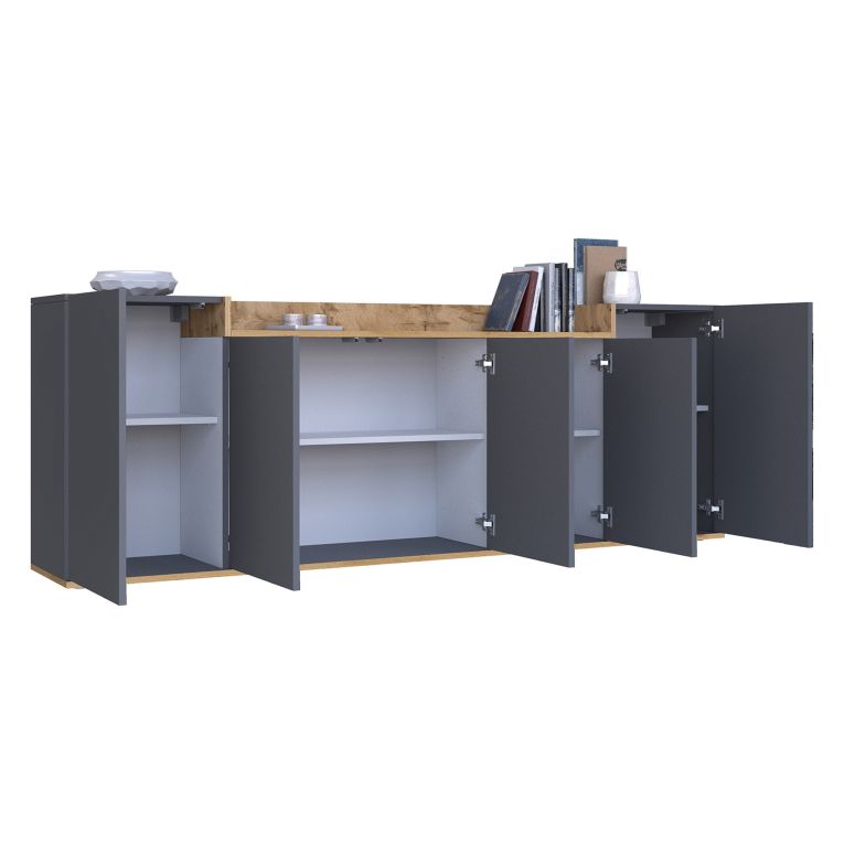 Credenza Nero Antracite Marrone Rovere 7 Ripiani Apertura Battente 200x35x70h cm, 5 Ante Made in Italy - Cordele