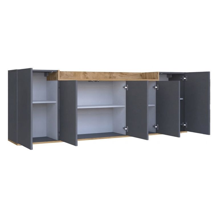 Credenza Nero Antracite Marrone Rovere 7 Ripiani Apertura Battente 200x35x70h cm, 5 Ante Made in Italy - Cordele