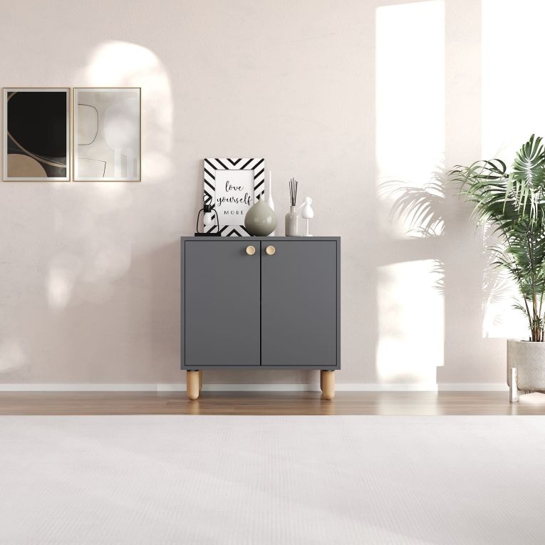 Credenza Nero Antracite Marrone Rovere un Ripiano 2 Ante 72x36x73h cm, 2 Vani - Pontida