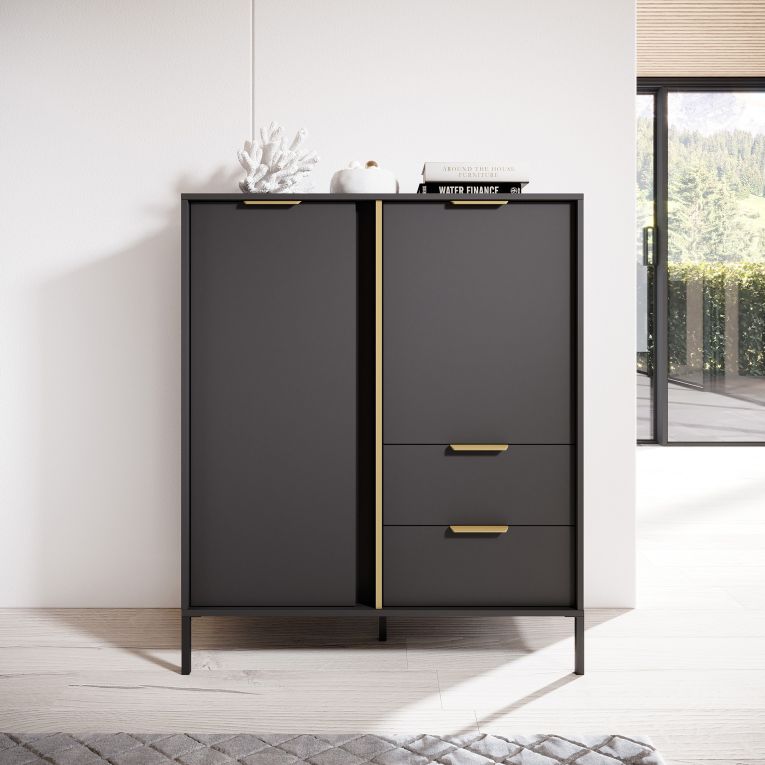 Credenza Nero Antracite oro 2 Cassetti 3 Ripiani 103x40x123h cm, Apertura Battente, Scorrevole - Hameno
