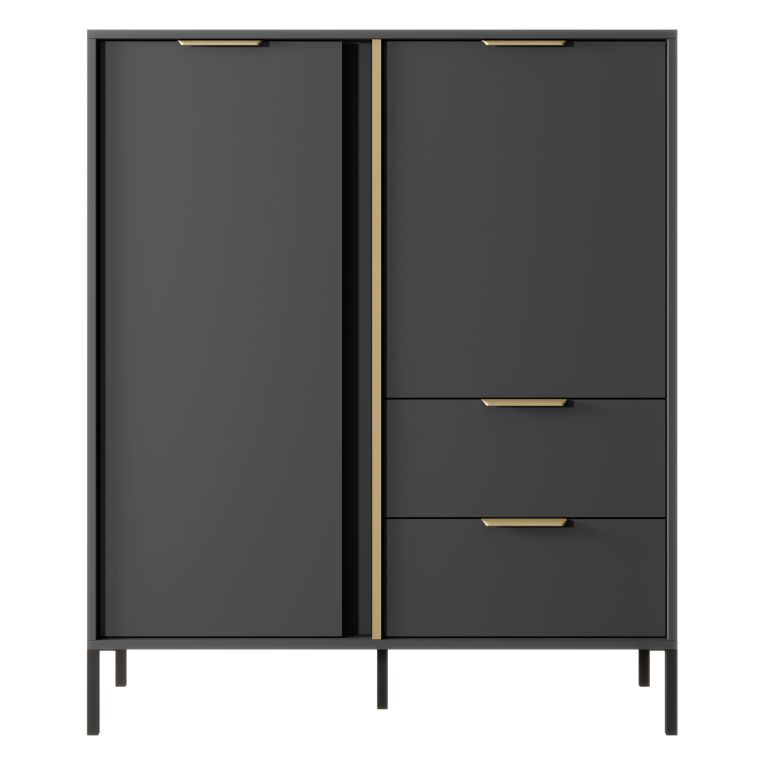 Credenza Nero Antracite oro 2 Cassetti 3 Ripiani 103x40x123h cm, Apertura Battente, Scorrevole - Hameno