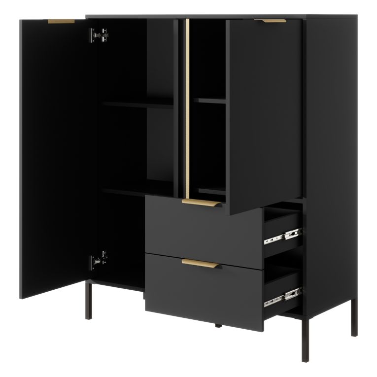 Credenza Nero Antracite oro 2 Cassetti 3 Ripiani 103x40x123h cm, Apertura Battente, Scorrevole - Hameno