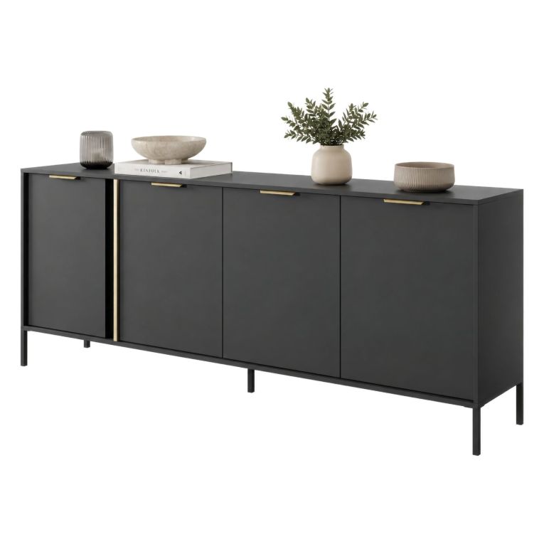 Credenza Nero Antracite oro 4 Ripiani Apertura Battente 203x40x81h cm, 4 Ante - Hamebati