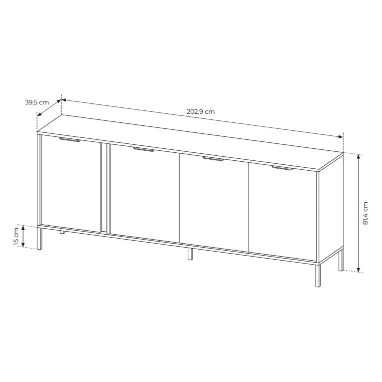 Credenza Nero Antracite oro 4 Ripiani Apertura Battente 203x40x81h cm, 4 Ante - Hamebati