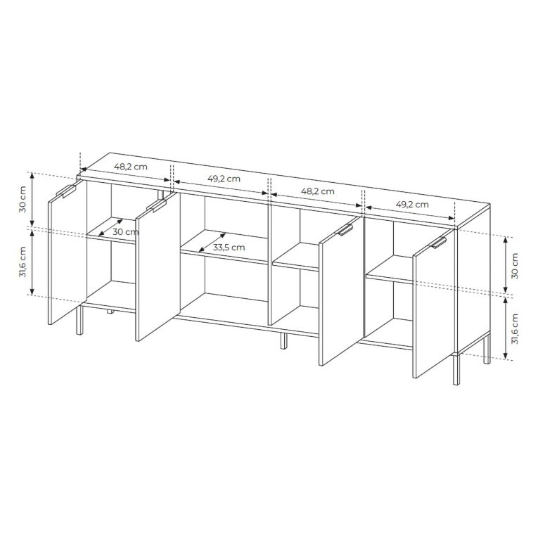 Credenza Nero Antracite oro 4 Ripiani Apertura Battente 203x40x81h cm, 4 Ante - Hamebati
