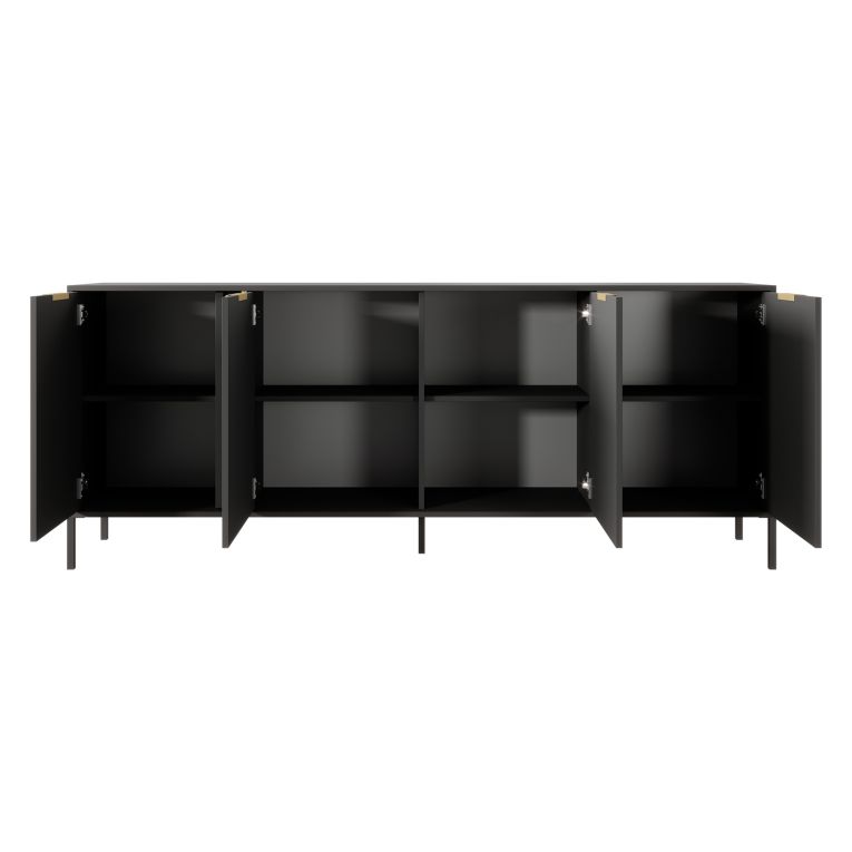 Credenza Nero Antracite oro 4 Ripiani Apertura Battente 203x40x81h cm, 4 Ante - Hamebati