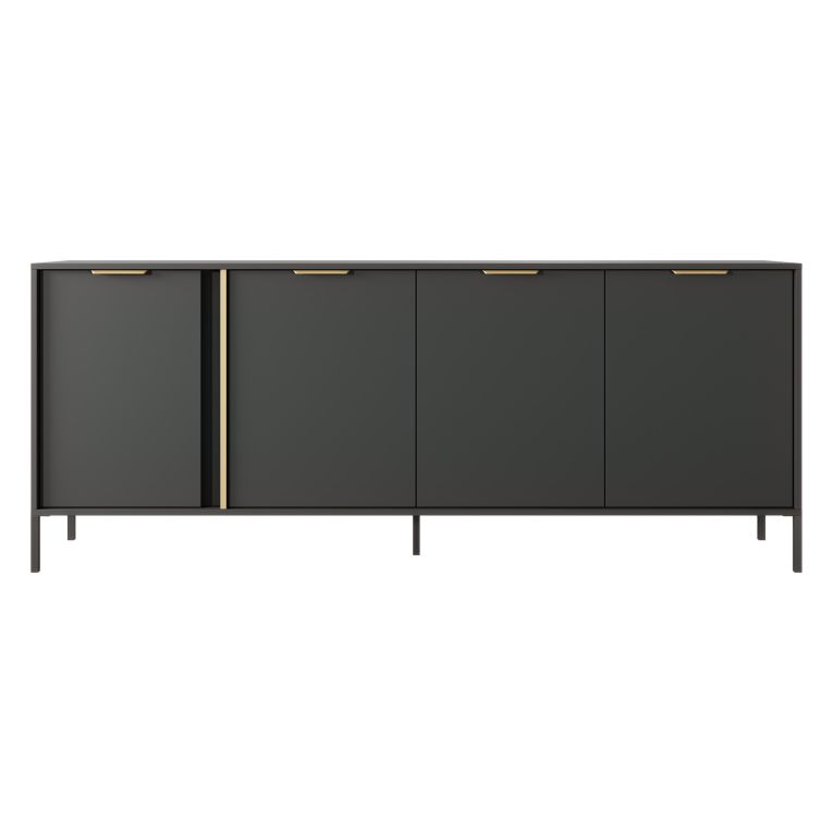 Credenza Nero Antracite oro 4 Ripiani Apertura Battente 203x40x81h cm, 4 Ante - Hamebati