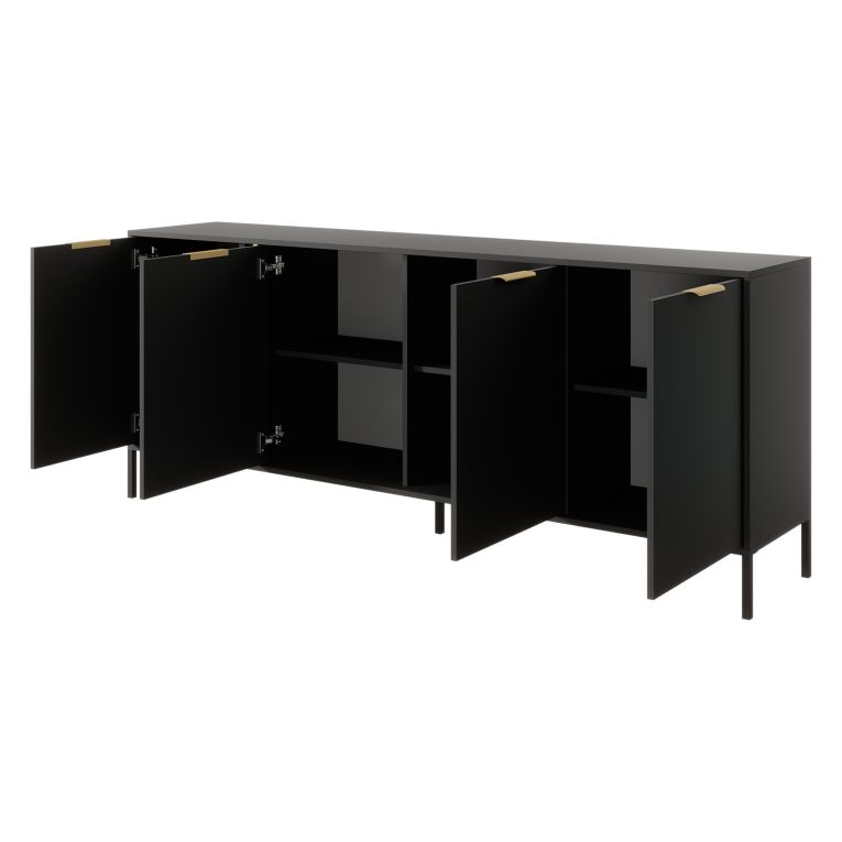 Credenza Nero Antracite oro 4 Ripiani Apertura Battente 203x40x81h cm, 4 Ante - Hamebati