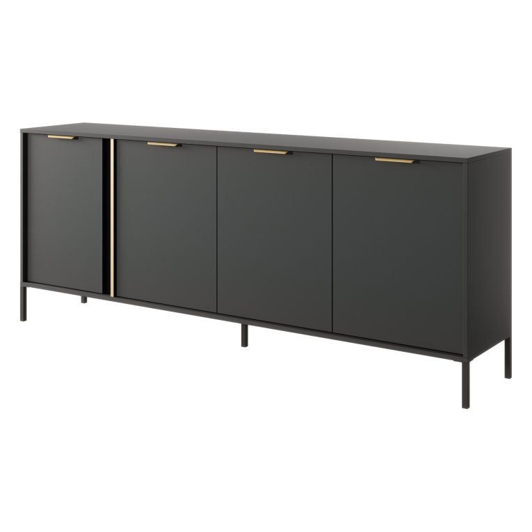 Credenza Nero Antracite oro 4 Ripiani Apertura Battente 203x40x81h cm, 4 Ante - Hamebati